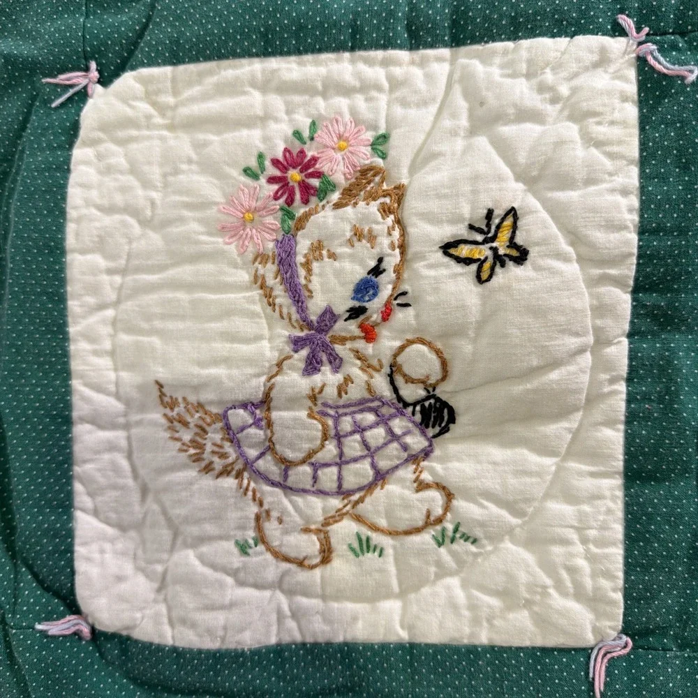 Vintage Handmade Embroidered Crib Quilt Playful Animals Green White